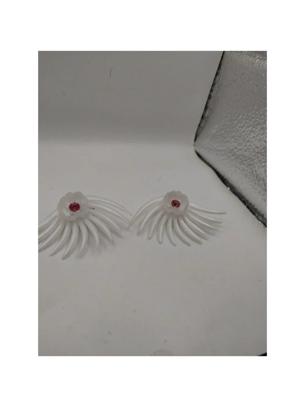 Vintage clip On Earrings White Plastic Pink Rhinestone Center  # 1
